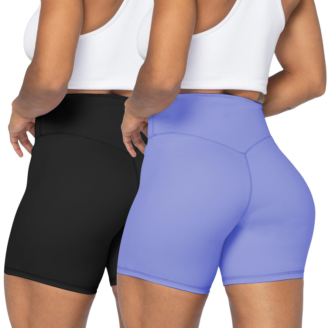 Sunzel Women's Biker Shorts in High Waist Tummy Control with Deep Pockets 5" Black+Periwinkle (2 Pack) X-Small