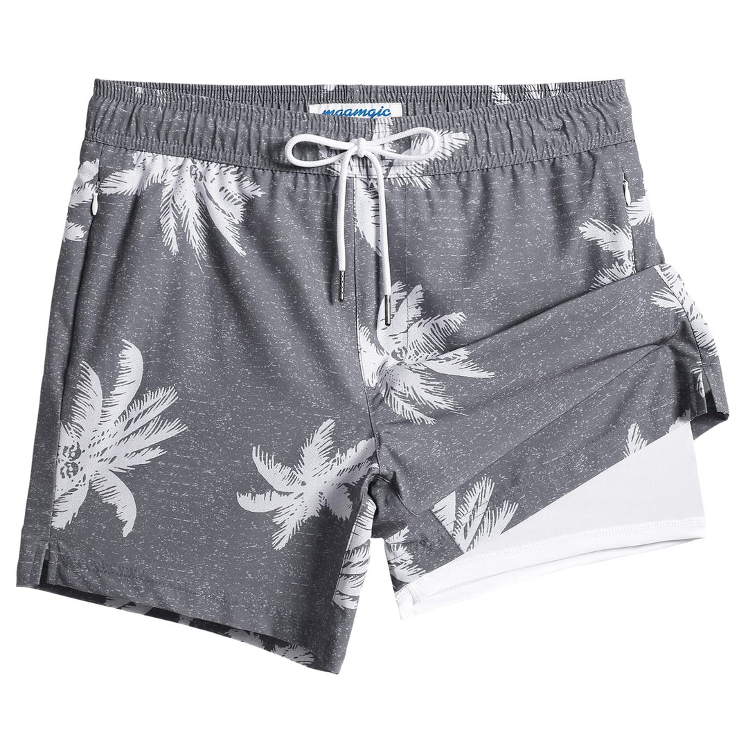 maamgic Mens Swim Trunks with Compression Liner 5" Stretch Beach Shorts Quick Dry with Zipper Pockets No-Chafing Board Shorts Gray-Palm Tree XS