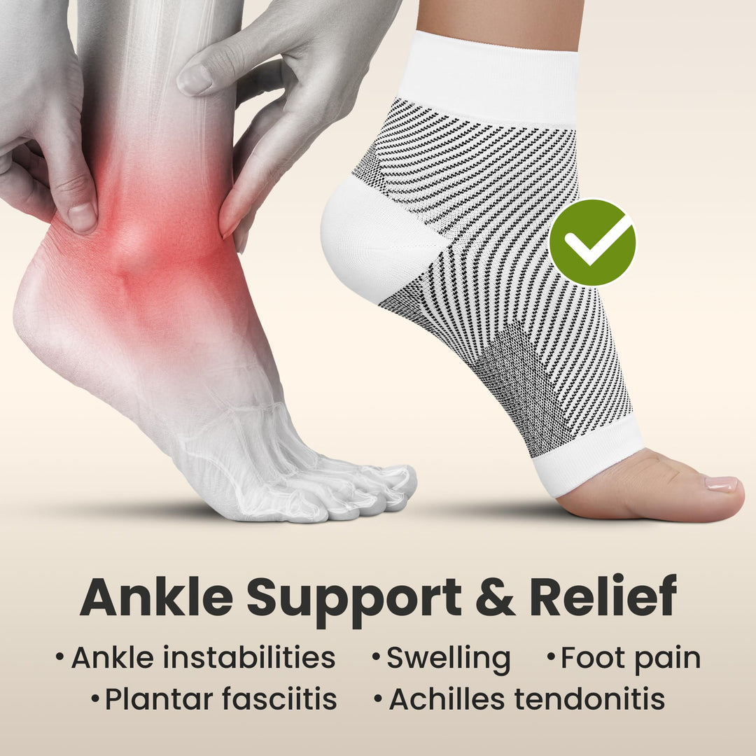KEMFORD Ankle Compression Sleeve - Plantar Fasciitis Braces - Open Toe Compression Socks for Swelling, Sprain, Neuropathy, Arch Support for Men and Women - 20-30mmhg, M, White and Black