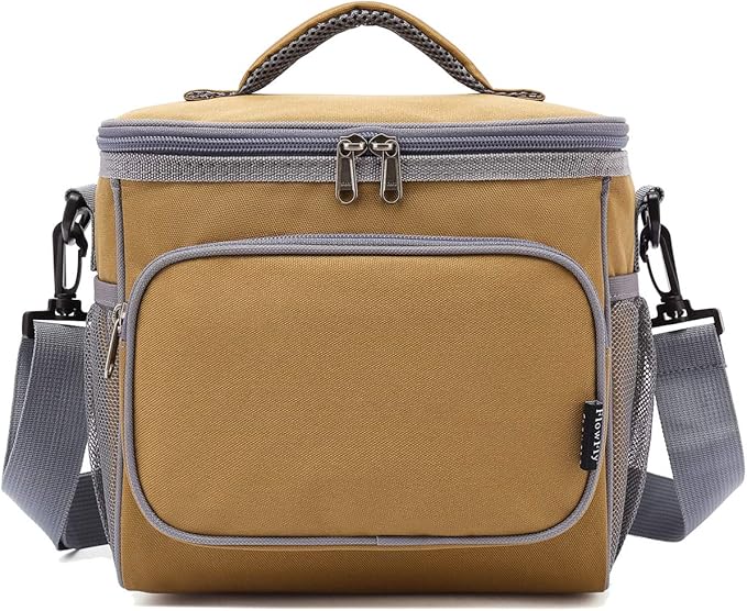 FlowFly Insulated Reusable Lunch Bag Adult Large Lunch Box for Women and Men with Adjustable Shoulder Strap,Front Zipper Pocket and Dual Large Mesh Side Pockets,Brown