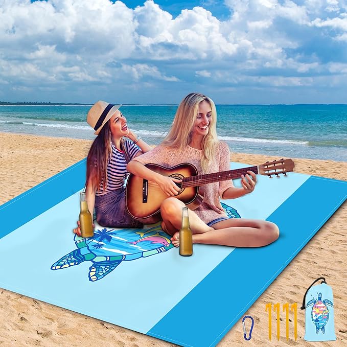 Beach Blanket Waterproof Sandproof 79"x 83" for 1-4 Adults,Quick Drying Beach Mat,Lightweight & Durable,Beach Essentials for Family Beach Camping Travel Picnic(Blue Turtle)