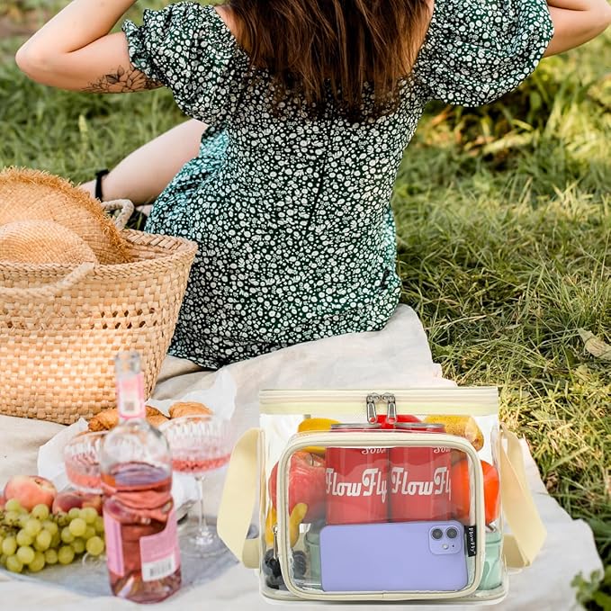 FlowFly Insulated Reusable Lunch Bag Adult Large Lunch Box for Women and Men with Adjustable Shoulder Strap,Front Zipper Pocket and Dual Large Mesh Side Pockets,Clear#Biege