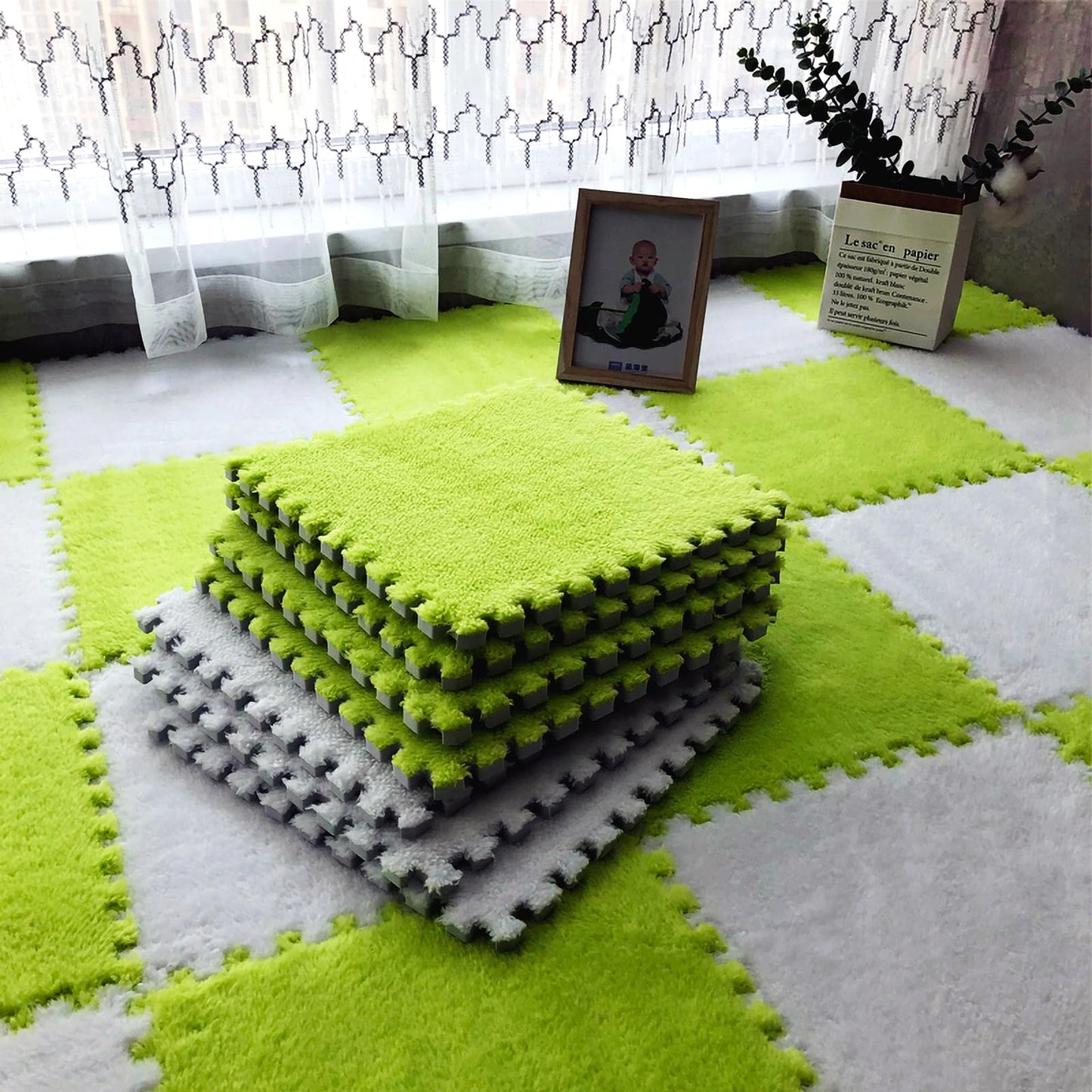 easycustomerlee 12pcs Tiled Puzzle Play Mats Interlocking Shaggy Soft EVA Foam Mats Protective Floor for Children Kids Room Home Parlor Bedroom(Green)