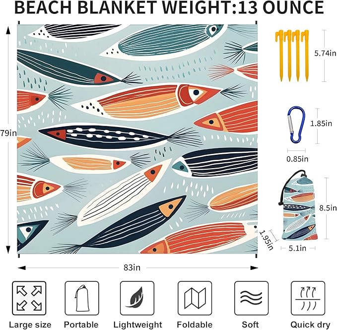 Large Beach Blanket Waterproof Sandproof 79"x 83" for 1-4 Adults,Quick Drying Beach Mat,Lightweight & Durable,Beach Essentials for Family Beach Camping Travel Picnic(Small Fish)