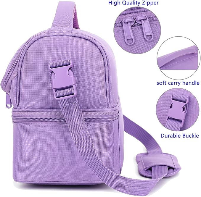 FlowFly Double Decker Cooler Insulated Lunch Bag Large Tote for Boys, Girls, Men, Women, with Adjustable Strap,Purple