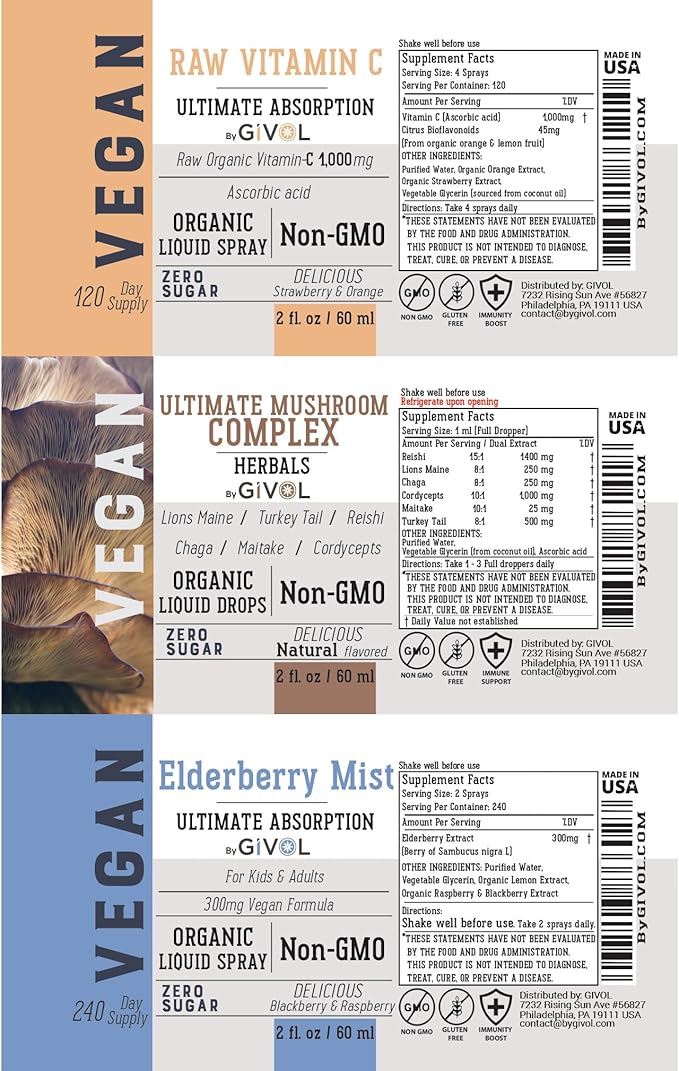 Antioxidant Powerhouse Bundle - Elderberry, Raw Vitamin C, Mushroom Complex - Nutriments, Phytonutrients & Cognitive Well-Being All in One Package - Multivitamins - 2 Fl Oz - 240 Days Supply