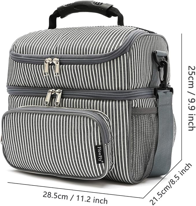 FlowFly Double Layer Cooler Insulated Lunch Bag Adult Lunch Box Large Tote Bag for Men, Women, With Adjustable Strap,Front Pocket and Dual Large Mesh Side Pockets