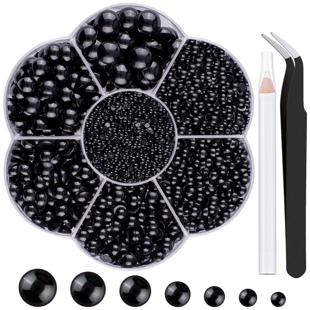 Nail Art Flat Back Half Round Pearl Kits 9, 1 Box Of 6000 Pcs Flat-Back Black Pearl With Tweezer And Picker Pencil For Home Diy