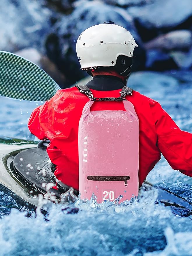 HEETA Waterproof Dry Bag with Phone Case Bundled with Upgraded Dry Bag with Zippered Pocket for Women & Men, Roll Top Lightweight Dry Storage Bag Backpack for Kayaking, Boating, Camping (Pink 5L)