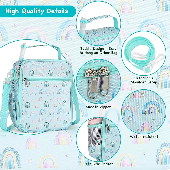 Kids Insulated Lunch Box Bag, Thermal Picnic Cool Bags with Adjustable Strap for Adults Children Women Men Boys Girls School Work (LakegreenRainbow)