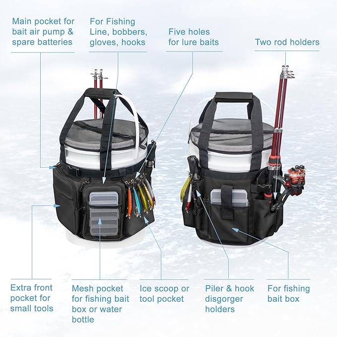 Fishing Bucket Organizer with Bucket Cover, Ice Fishing Tackle Bag with Rod & Plier Holder, Multi-Pockets for 5 Gallon Bucket Fishing Gear & Accessories