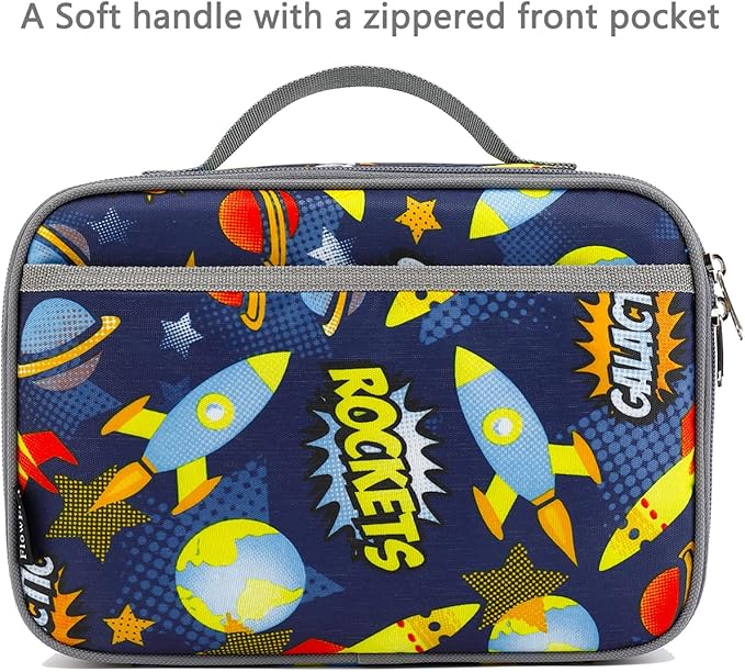 FlowFly Kids Lunch box Insulated Soft Bag Mini Cooler Back to School Thermal Meal Tote Kit for Girls, Boys, Outer Space Rocket Ships in Dark Navy Blue