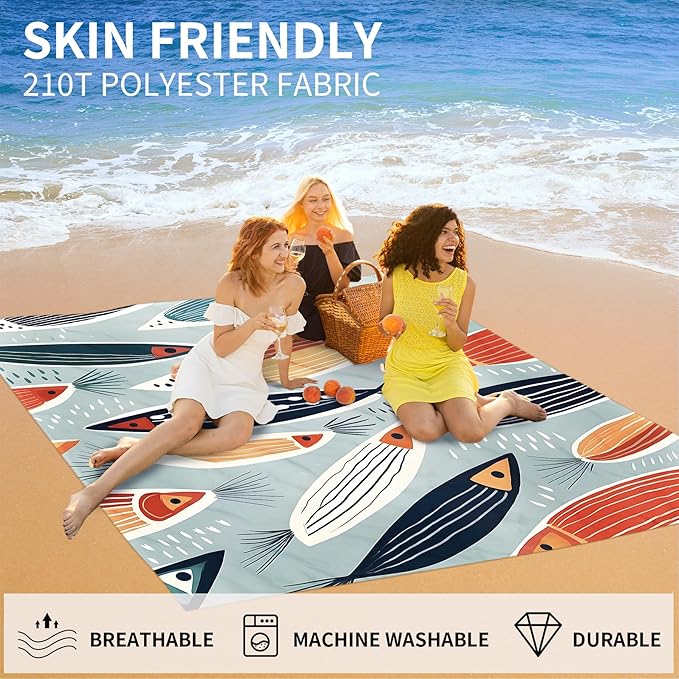 Large Beach Blanket Waterproof Sandproof 79"x 83" for 1-4 Adults,Quick Drying Beach Mat,Lightweight & Durable,Beach Essentials for Family Beach Camping Travel Picnic(Small Fish)