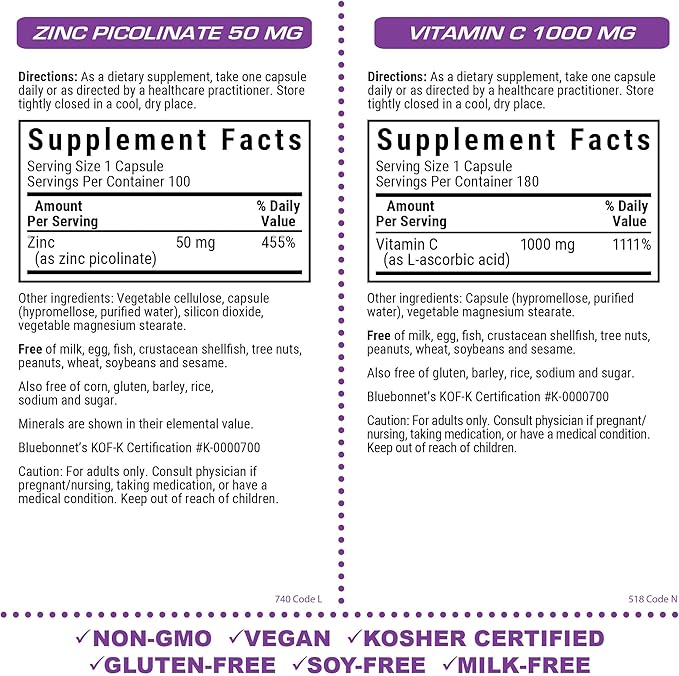 Bluebonnet Nutrition Zinc Picolinate 50mg and Vitamin C 1000mg Vegetable Capsules Bundle