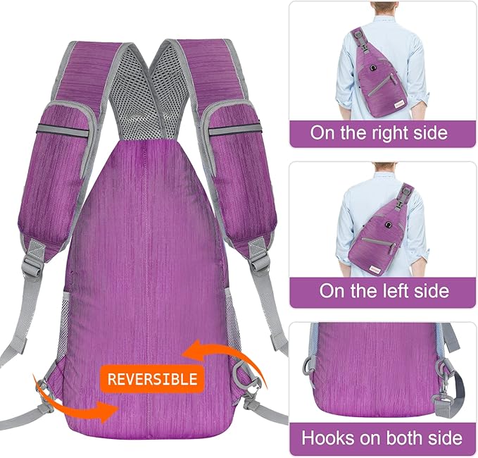 ZOMAKE Sling Bag for Women Men, Small Crossbody Sling Backpack, Mini Water Resistant Shoulder Daypack for Travel, Anti Thief Chest Bag for Hiking, Sports, Purple(Stripe)