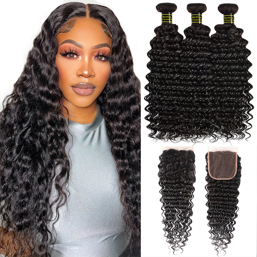 Brazilian Deep Wave 3 Bundles With Closure 100% Human Hair Bundles With Lace Closure Virgin Unprocessed Hair Extension Natural C