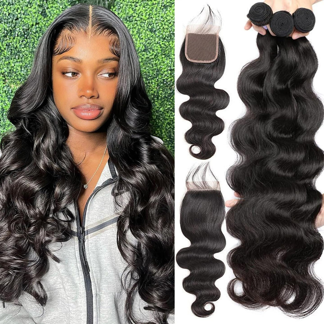 Releek Human Hair Bundles Body Wave Bundles With Closure (22 24 26+20) Inch 12A Brazilian Virgin 100% Unprocessed Human Hair Bod