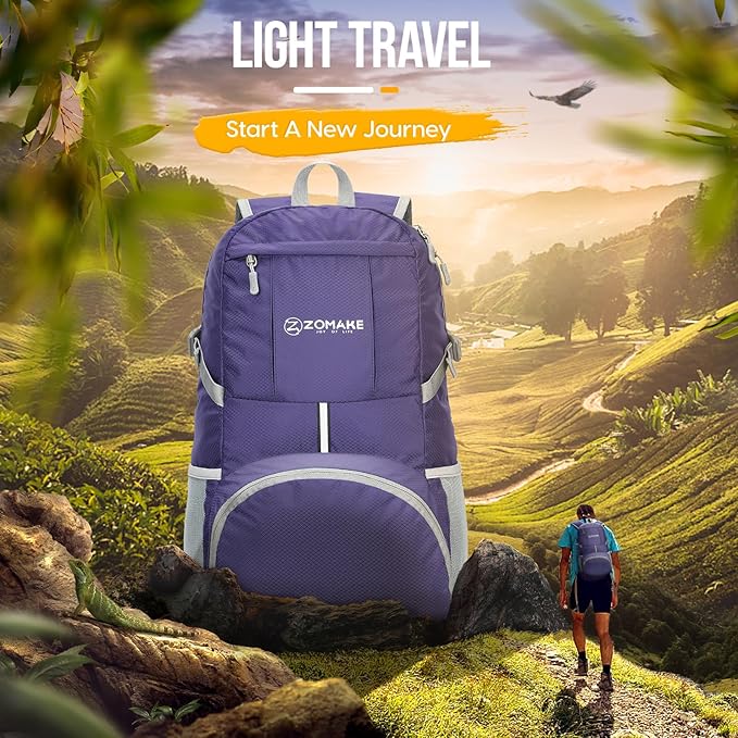 ZOMAKE Lightweight Packable Backpack 35L, Light Foldable Backpacks Water Resistant Collapsible Hiking Bag, Compact Folding Day Pack for Travel Camping(Purple)