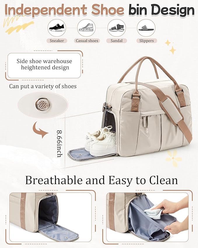 Gym Bag for Women, Large Travel Duffel Carry on Bag with Trolley Sleeve, Waterproof Weekender Bags with Shoe Compartment, Workout Overnight with Dry Wet Separated Pocket, Beige
