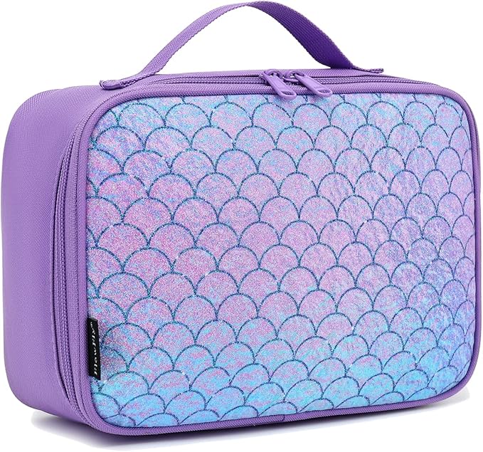 FlowFly Kids Lunch box Insulated Soft Bag Mini Cooler Back to School Thermal Meal Tote Kit for Girls, Boys,Glitter-Purple