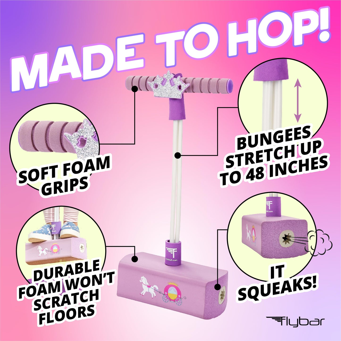 Flybar My First Foam Pogo Jumper for Kids Fun and Safe Pogo Stick for Toddlers, Durable Foam and Bungee Jumper for Ages 3 and up, Supports up to 250lbs (Pink Princess), Large