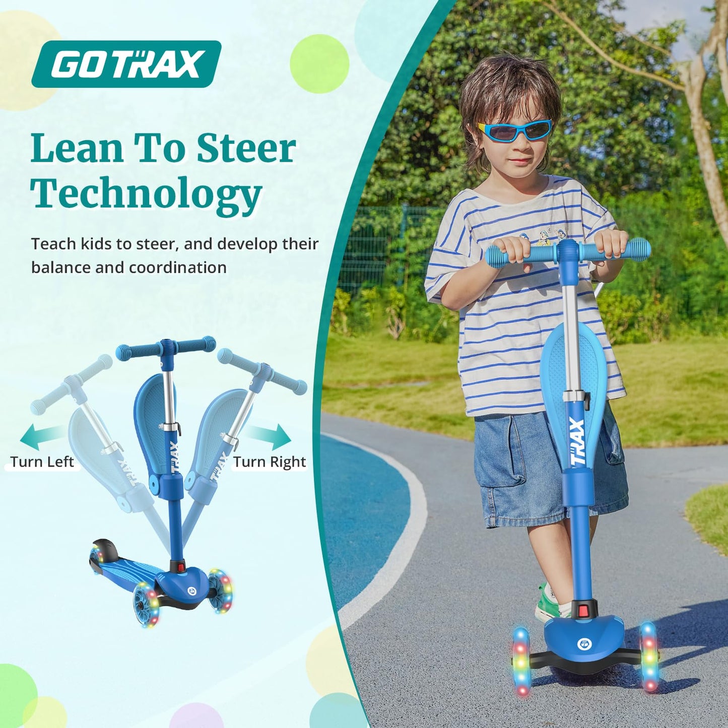 Gotrax KS3 Kids Kick Scooter, LED Lighted Wheels, Adjustable Height Handlebars and Removable Seat, Lean-to-Steer & Widen Anti-Slip Deck, 3 Wheel Scooter for Kids Ages 2-8 and up to 100 Lbs (Blue)