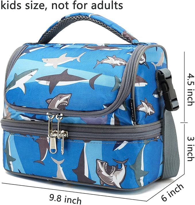 FlowFly Kids Double Decker Cooler Insulated Lunch Bag Large Tote for Boys, Girls, Men, Women, With Adjustable Strap, Shark