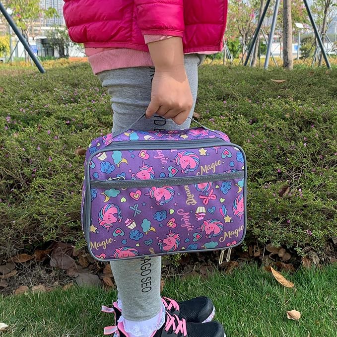FlowFly Kids Lunch box Insulated Soft Bag Mini Cooler Back to School Thermal Meal Tote Kit for Girls, Boys, Purple Unicorn