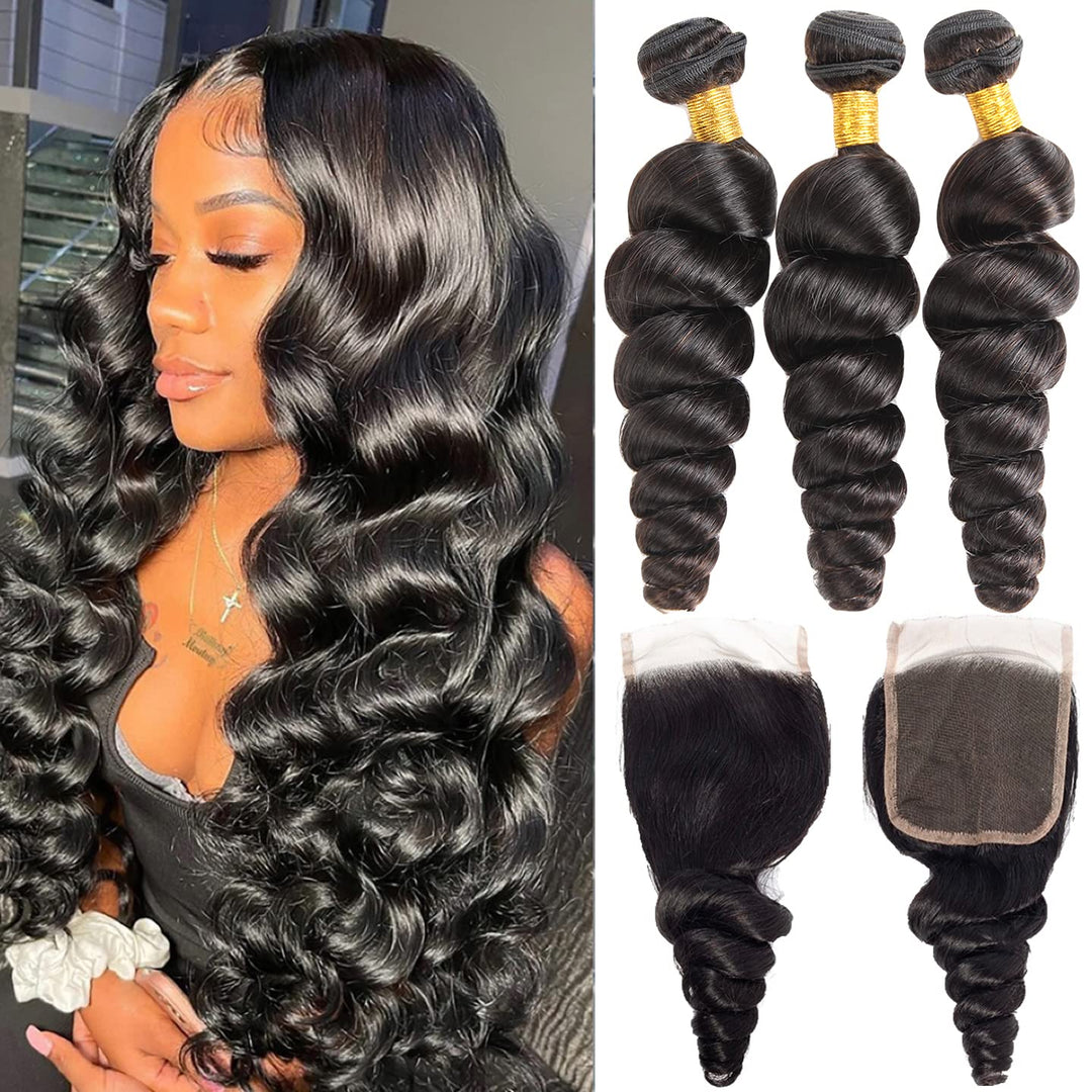 Loose Wave Bundle With Closure (20 22 24+18, Natural Black Color)
