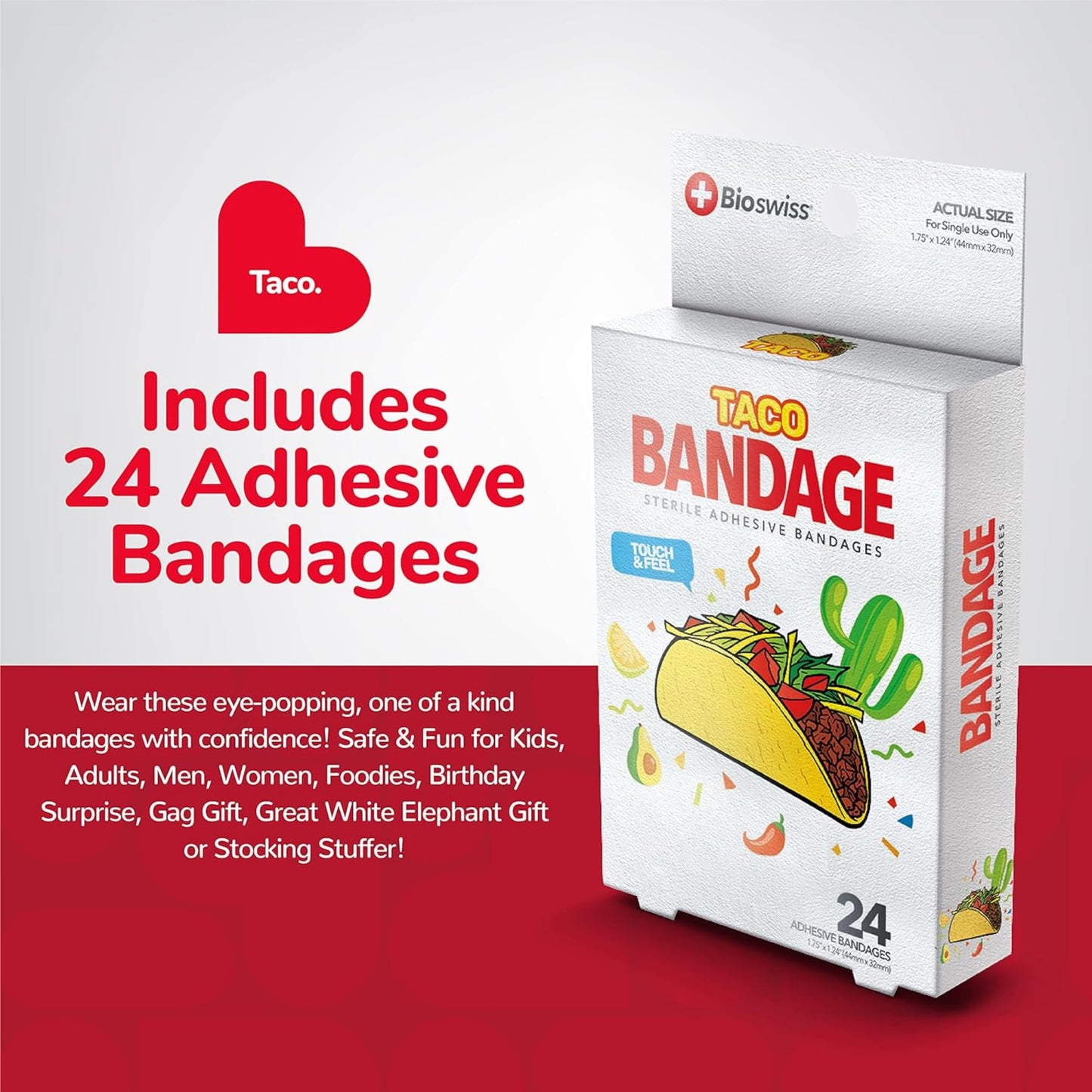 BioSwiss Bandages, Taco Shaped Self Adhesive Bandages, Latex Free Sterile Wound Care, Fun First Aid Kit Supplies for Kids, 24 Count