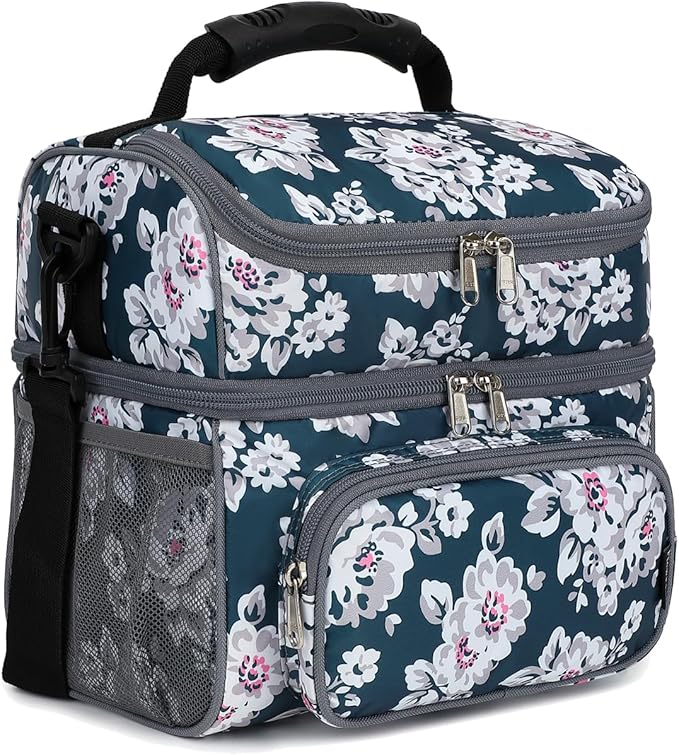 FlowFly Double Layer Cooler Insulated Lunch Bag Adult Lunch Box Large Tote Bag for Men, Women, With Adjustable Strap,Front Pocket and Dual Large Mesh Side Pockets