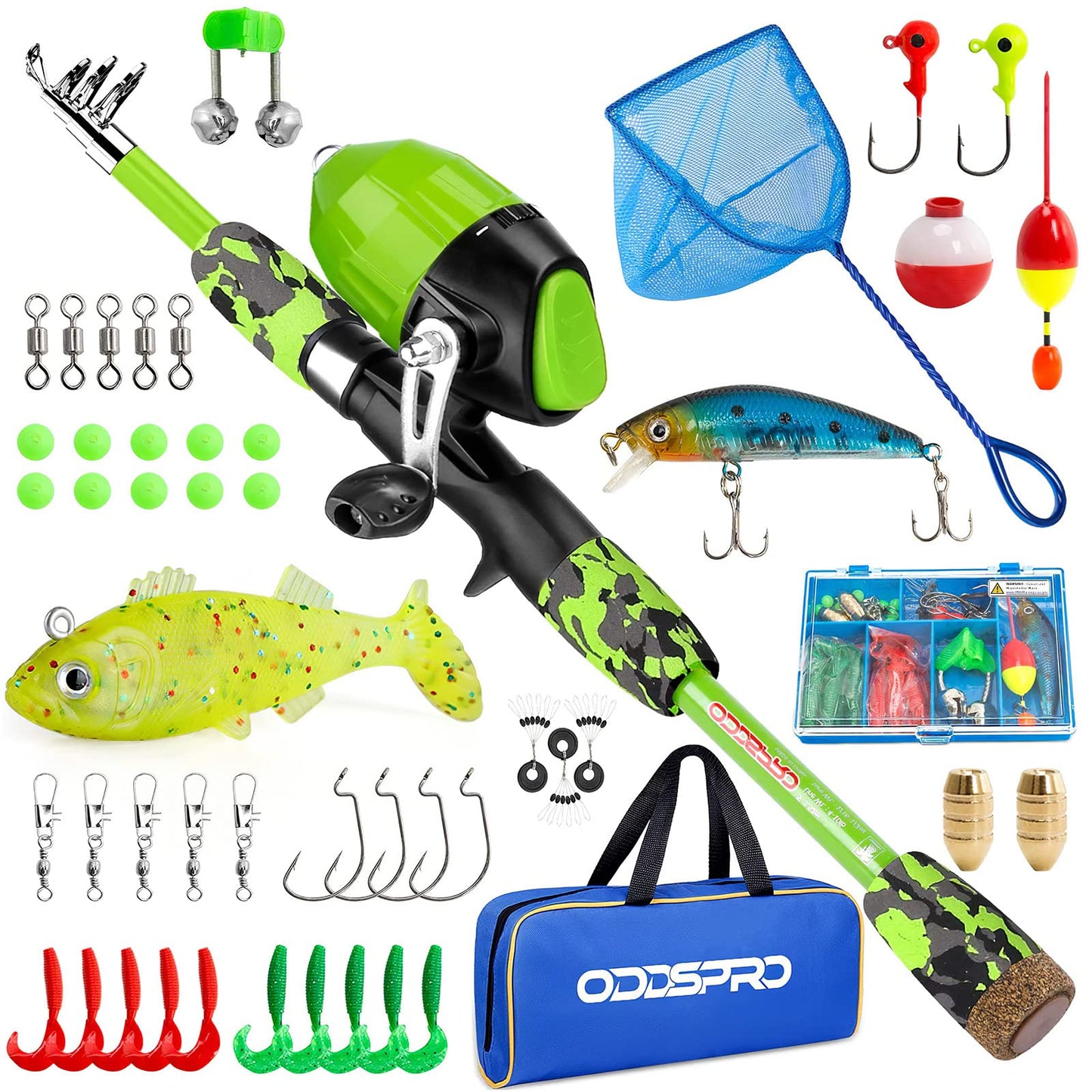 ODDSPRO Kids Fishing Pole - Kids Fishing Starter Kit - with Tackle Box, Reel, Practice Plug, Beginner's Guide and Travel Bag for Boys, Girls