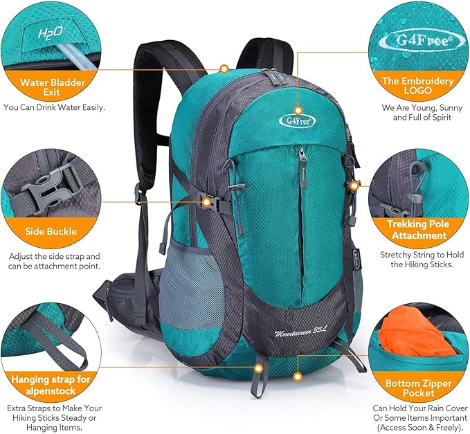G4Free 35L Hiking Backpack Water Resistant Outdoor Sports Travel Daypack Lightweight with Rain Cover for Women Men (Peacock Green)