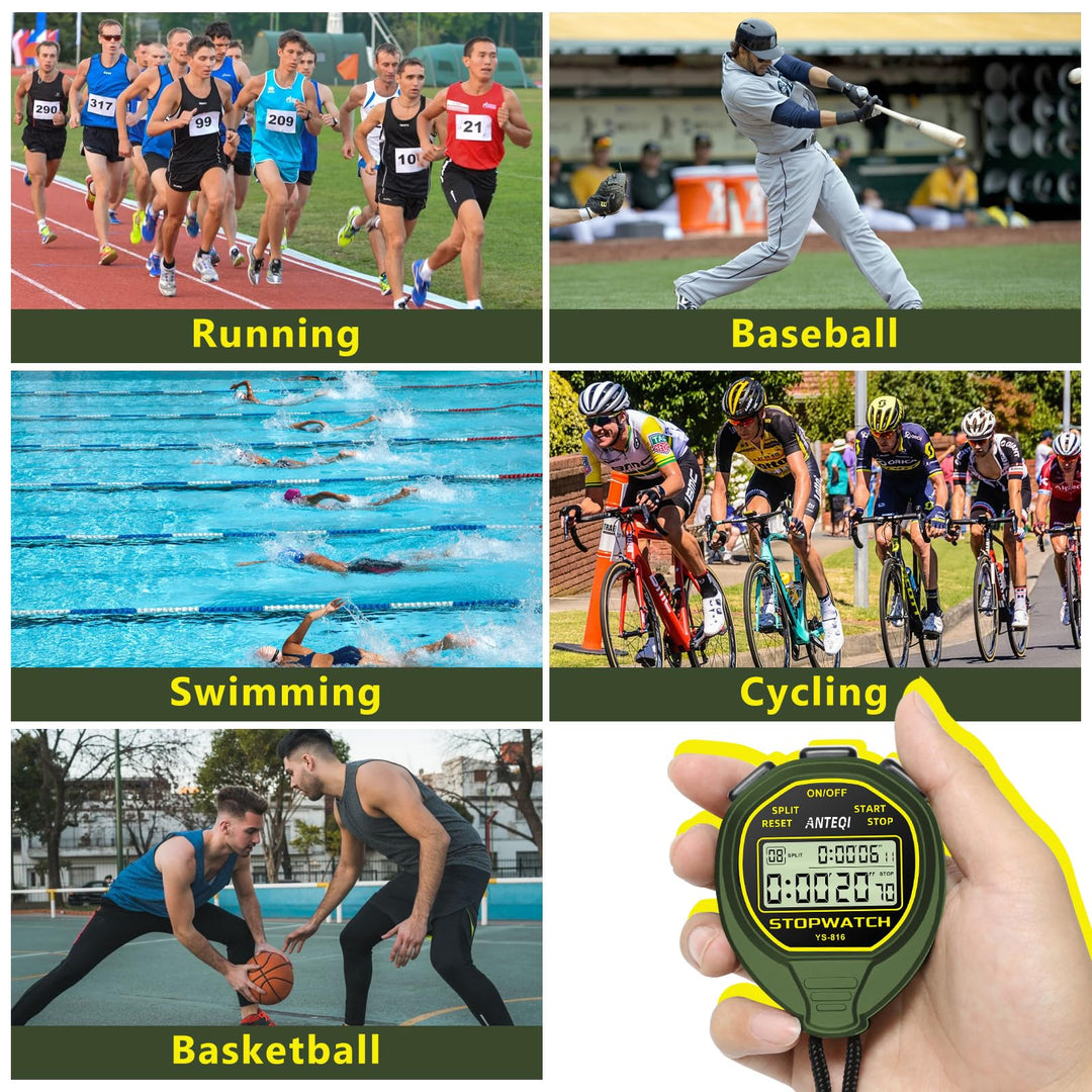 20 Laps Memory Stopwatch Waterproof, ON/Off Function Digital Simple Stopwatch Timer, No Clock No Calendar No Alarm, Silent Stop Watch for Sports Coaches Swimming Running, Green