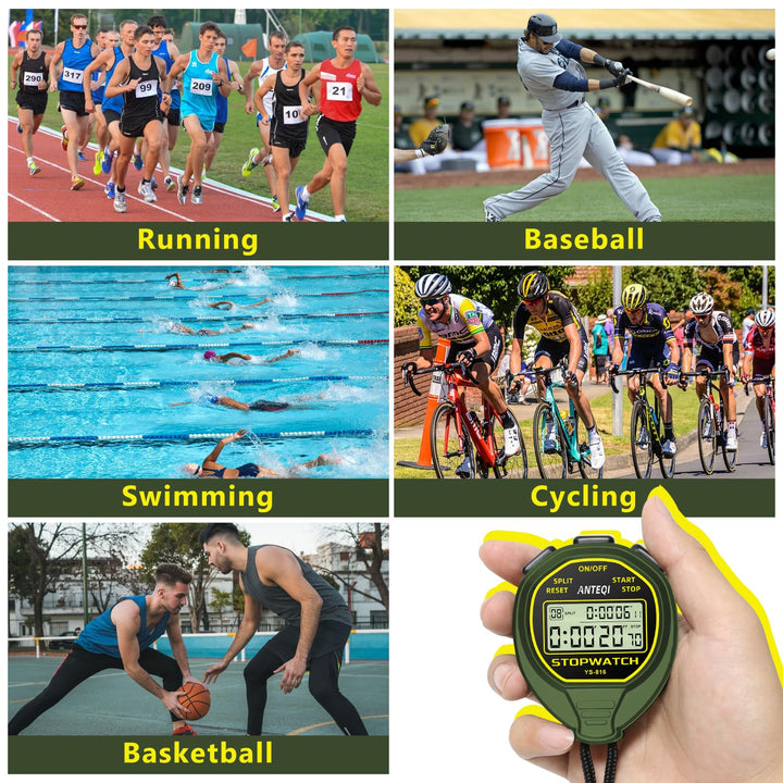 20 Laps Memory Stopwatch Waterproof, ON/Off Function Digital Simple Stopwatch Timer, No Clock No Calendar No Alarm, Silent Stop Watch for Sports Coaches Swimming Running, Green