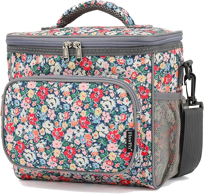 FlowFly Insulated Reusable Lunch Bag Adult Large Lunch Box for Women and Men with Adjustable Shoulder Strap,Front Zipper Pocket and Dual Large Mesh Side Pockets,Floral