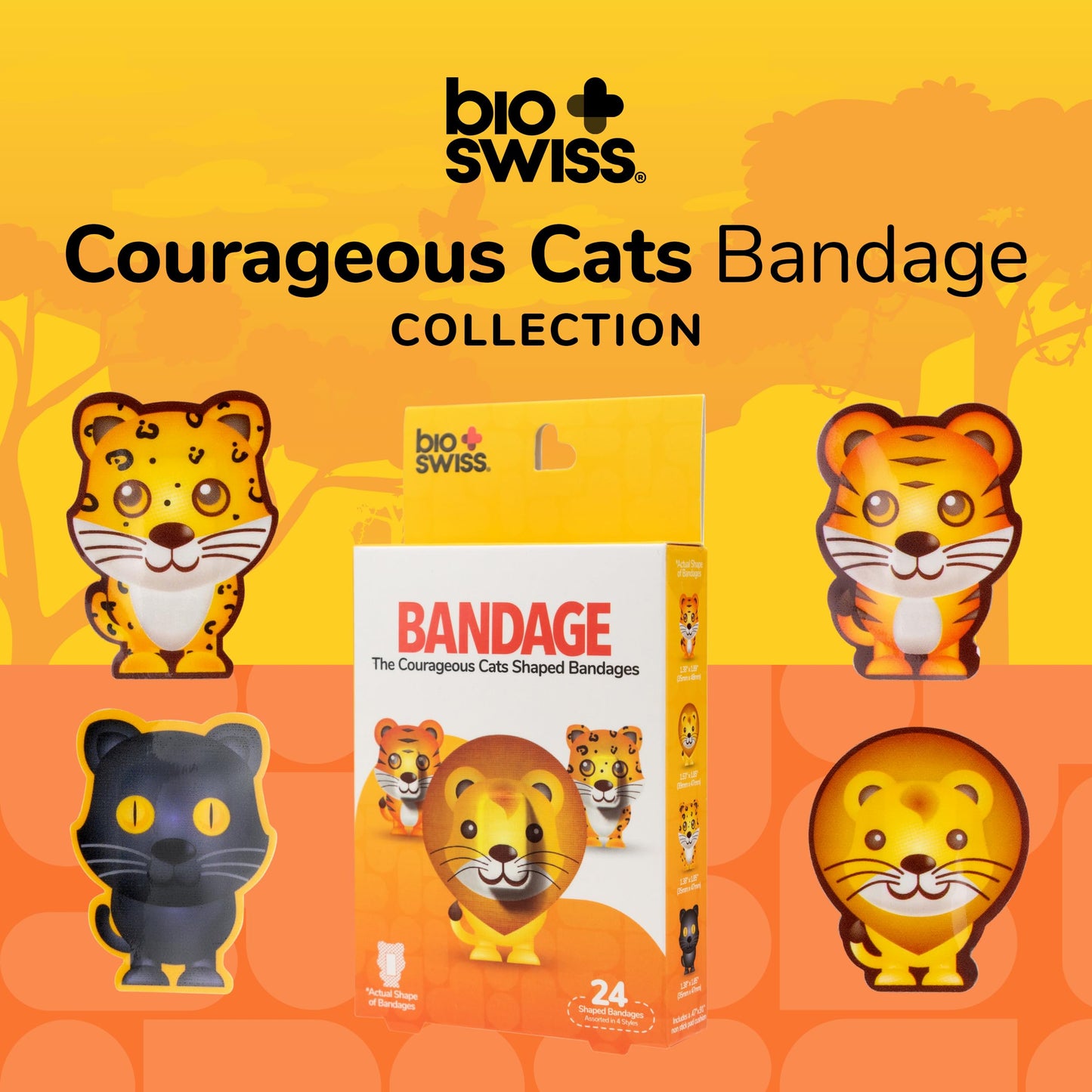 BioSwiss Bandages, Courageous Cats Shaped Self Adhesive Bandage, Latex Free Sterile Wound Care, Fun First Aid Kit Supplies for Kids and Adults, 24 Count