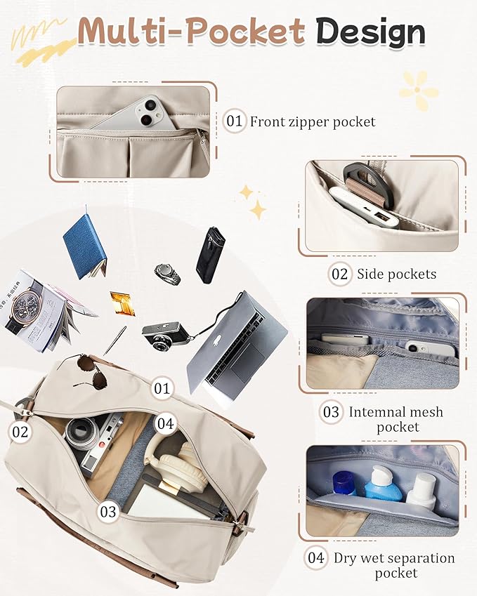 Gym Bag for Women, Large Travel Duffel Carry on Bag with Trolley Sleeve, Waterproof Weekender Bags with Shoe Compartment, Workout Overnight with Dry Wet Separated Pocket, Beige