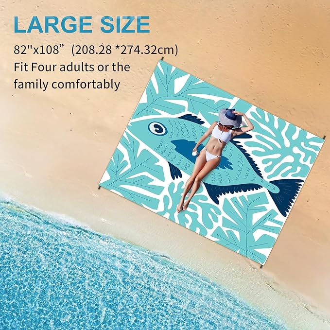 Large Beach Blanket Waterproof Sandproof 108"x 82" for 1-6 Adults,Quick Drying Beach Mat,Lightweight & Durable,Beach Essentials for Family Beach Camping Travel Picnic
