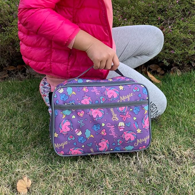 FlowFly Kids Lunch box Insulated Soft Bag Mini Cooler Back to School Thermal Meal Tote Kit for Girls, Boys, Purple Unicorn