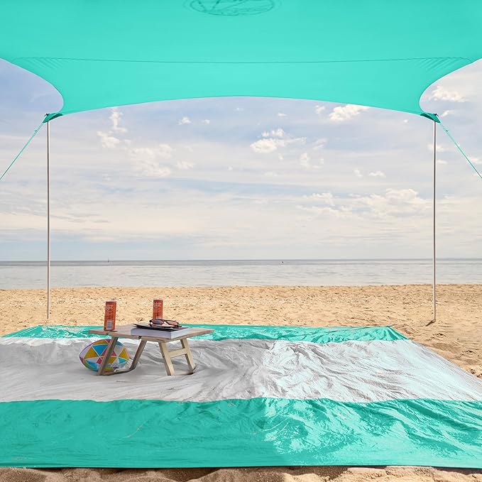 WEKAPO Beach Tent Sun Shelter - Easy Setup Beach Canopy with 4 Sturdy Poles, Extra Large Sandbags and Shovel, 7'8'' Tall, Windproof Sun Shade for Backyard and Camping, UPF 50+ Protection