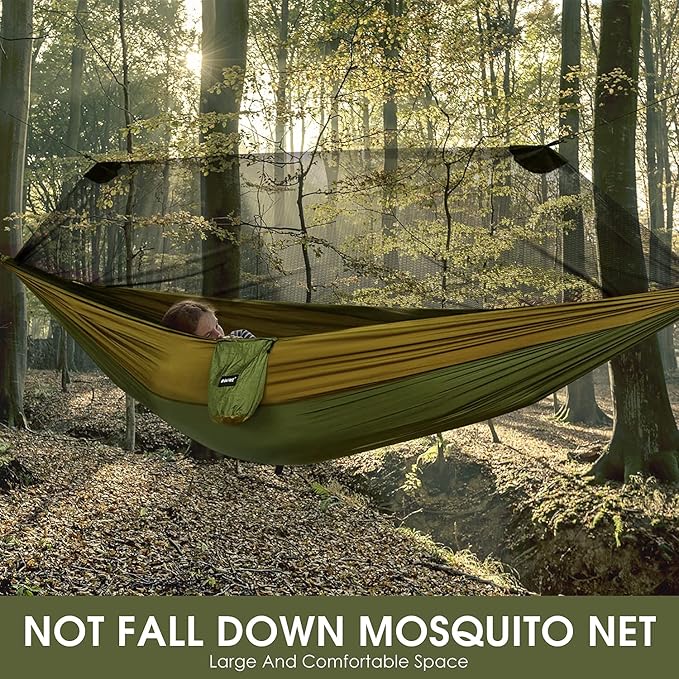 G4Free Large Camping Hammock with Mosquito Net 2 Person Pop-up Parachute Lightweight Hanging Hammocks Tree Straps Swing Bed for Outdoor Backpacking Backyard Hiking
