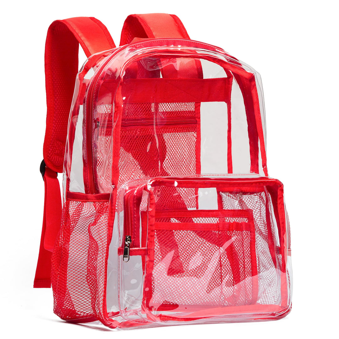Vorspack Clear Backpack Heavy Duty PVC Transparent Backpack with Reinforced Strap & Large Capacity for College Workplace Security - Red