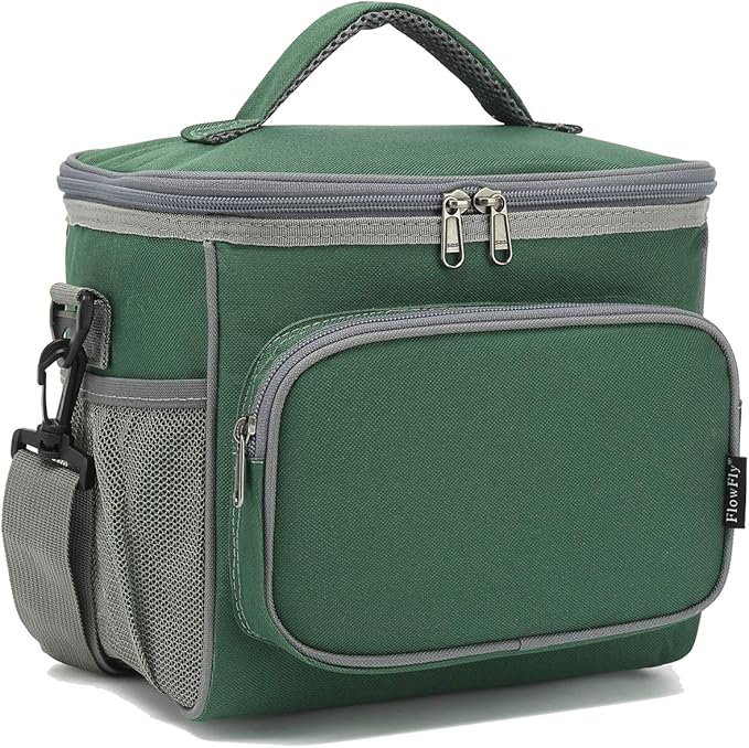 FlowFly Insulated Reusable Lunch Bag Adult Large Lunch Box for Women and Men with Adjustable Shoulder Strap,Front Zipper Pocket and Dual Large Mesh Side Pockets,ArmyGreen