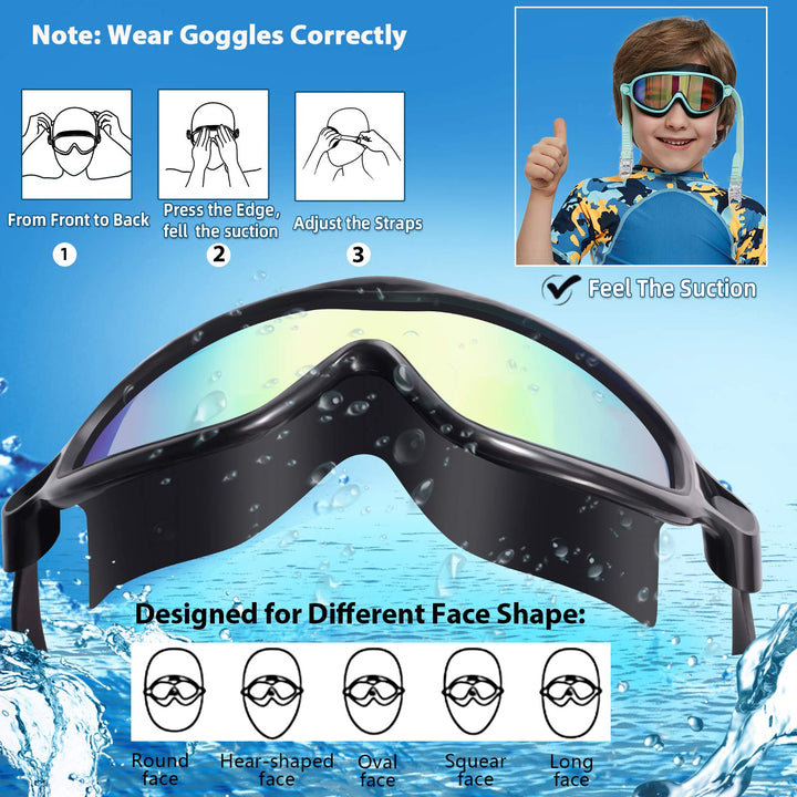 Kids Goggles for Swimming 2 Pack No Leaking Anti-Fog Outer Eye Fit with Wide View UV Protection Crystal Clear Watertight Swim Goggles with nose cover Suitable for Children Youth Boys Girls Age 3 to 15