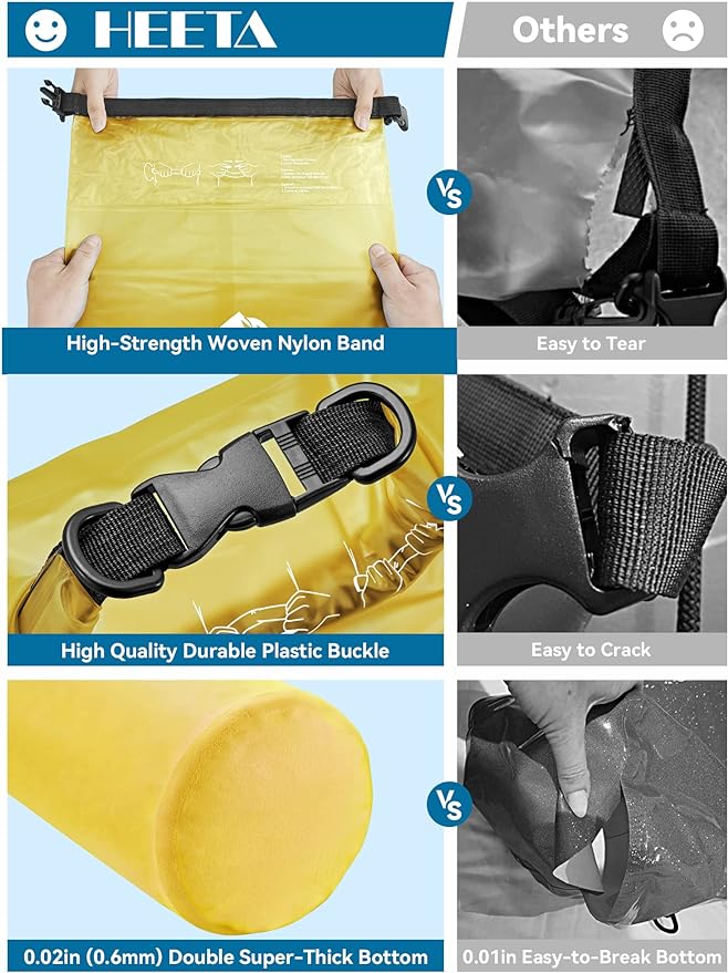 HEETA Dry Bag Waterproof for Women Men, 5L/10L/20L/30L/40L Roll Top Lightweight Dry Storage Bag Backpack with Phone Case for Travel, Swimming, Boating, Kayaking, Camping & Beach, 11 Transparent Colors