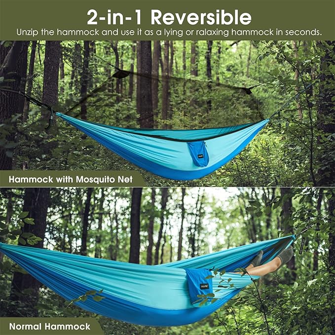 G4Free Large Camping Hammock with Mosquito Net 2 Person Pop-up Parachute Lightweight Hanging Hammocks Tree Straps Swing Bed for Outdoor Backpacking Backyard Hiking