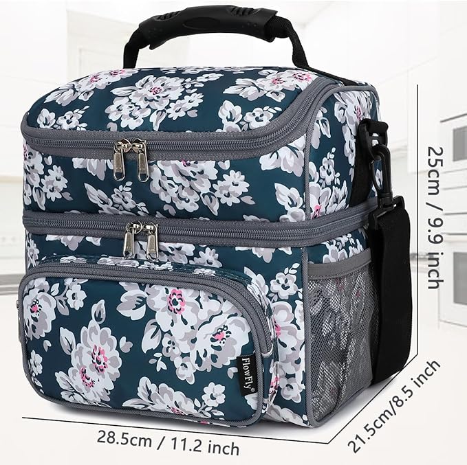 FlowFly Double Layer Cooler Insulated Lunch Bag Adult Lunch Box Large Tote Bag for Men, Women, With Adjustable Strap,Front Pocket and Dual Large Mesh Side Pockets