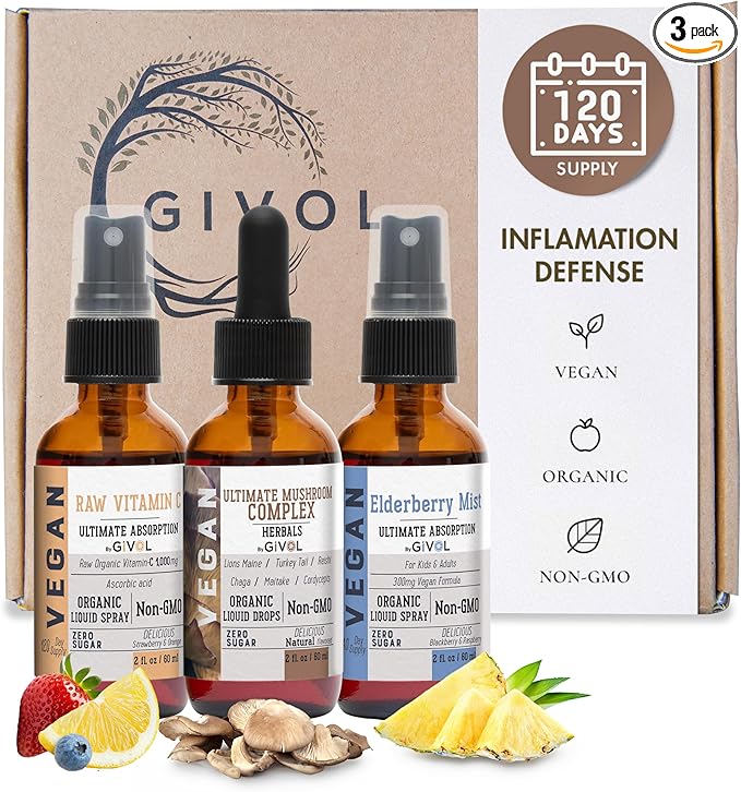 Inflammation Defense Bundle: Ultimate Mushroom Complex with Lions Mane, Reishi, Cordyceps & Chaga, Raw Vitamin C, and Bromelain | Non-GMO | Gluten-Free | Sugar-Free | 2 Fl Oz | 240-Days Supply