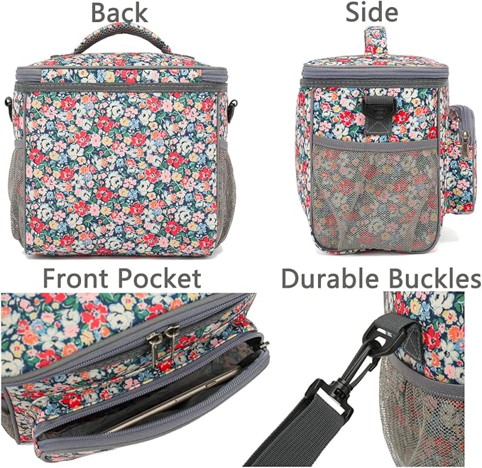 FlowFly Insulated Reusable Lunch Bag Adult Large Lunch Box for Women and Men with Adjustable Shoulder Strap,Front Zipper Pocket and Dual Large Mesh Side Pockets,Floral